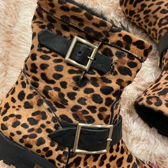 JIMMY CHOO | Leopard Print Pony Hair Fur-Lined Moto Boots | Women’s Size 37 - Picture 4 of 10